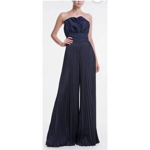 One 33 Social The Lacey navy blue pleated wide leg sleeveless evening jumpsuit